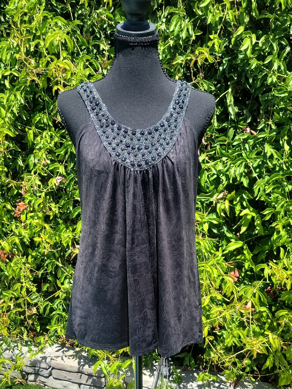 Iz Byer Y2K Black Tank Top with Beaded Scoop Neck L